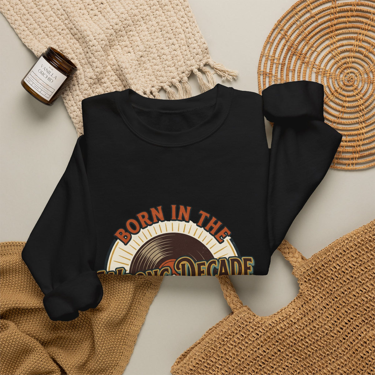 Crewneck Sweatshirt — "Born in the Wrong Decade" Retro Vinyl & Cassette Design