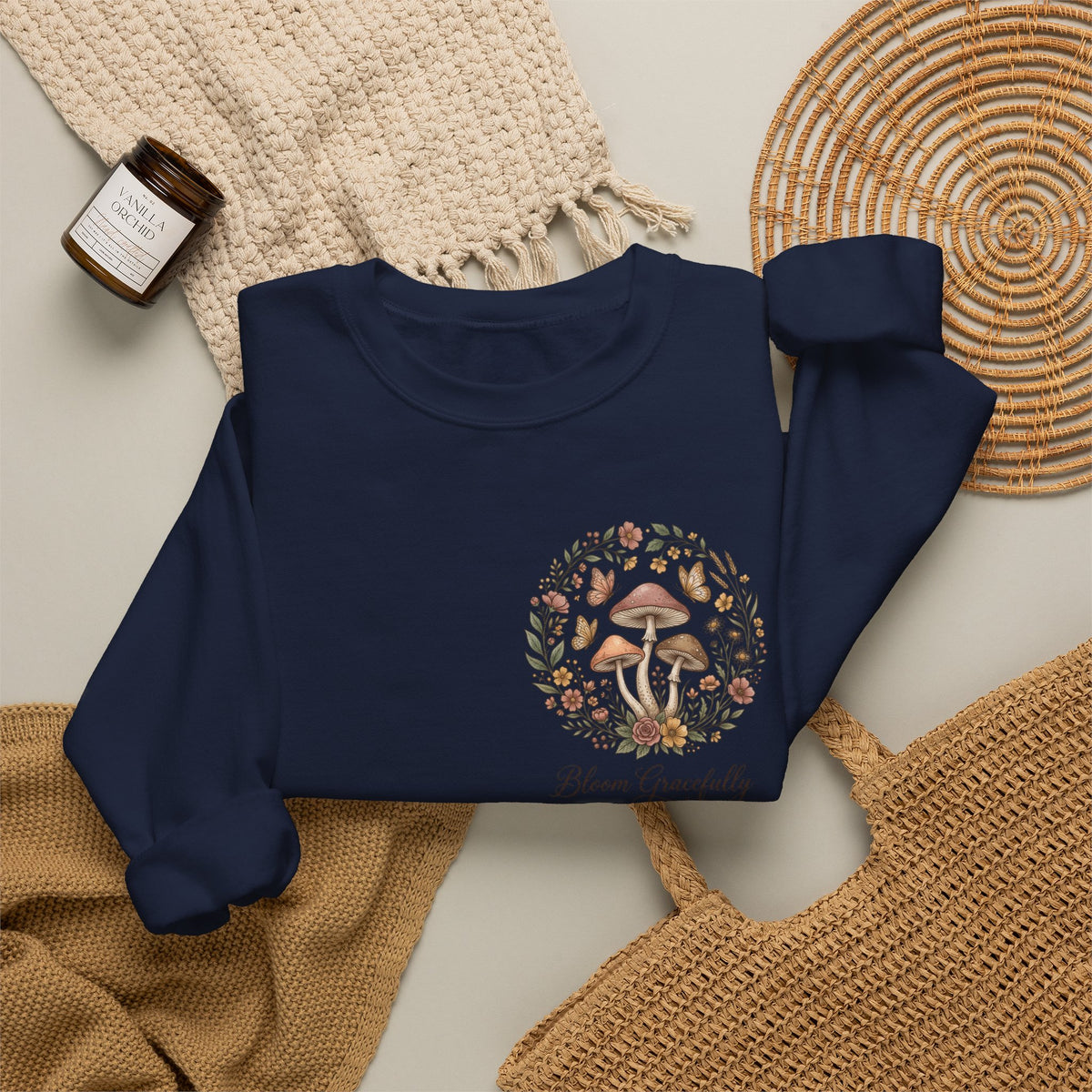 Mushroom Garden Crewneck Sweatshirt – Bloom Gracefully Botanical Graphic