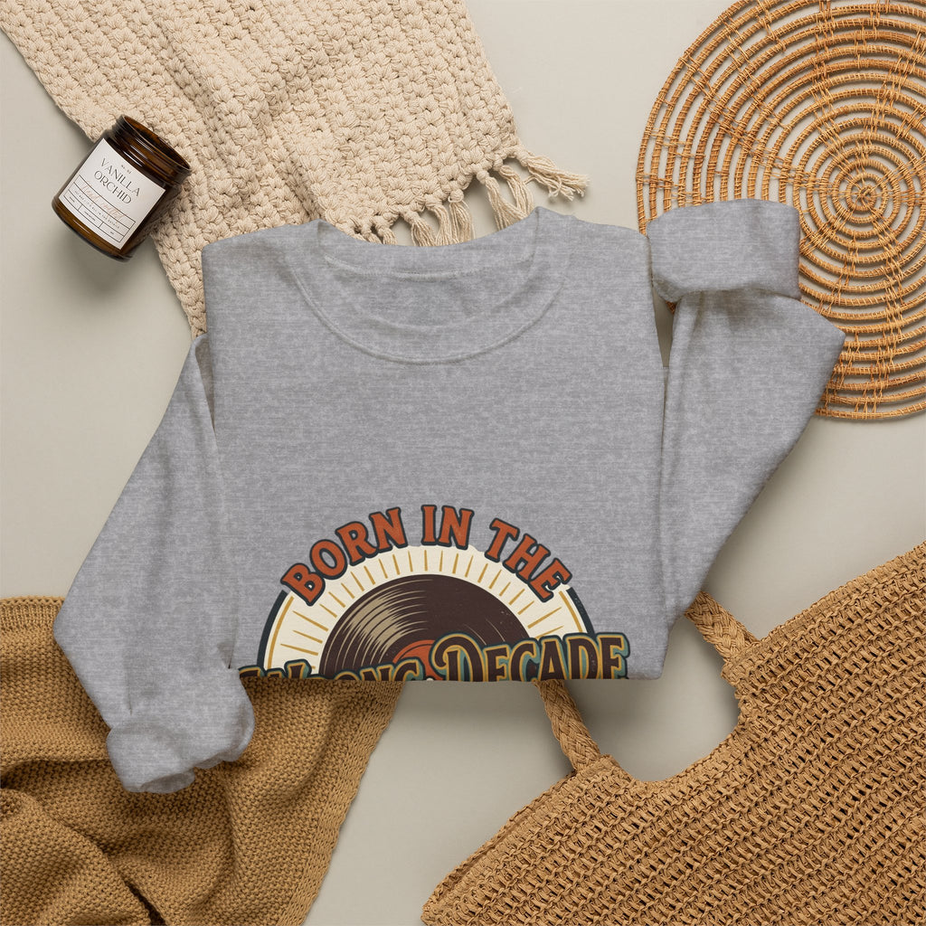 Crewneck Sweatshirt — "Born in the Wrong Decade" Retro Vinyl & Cassette Design