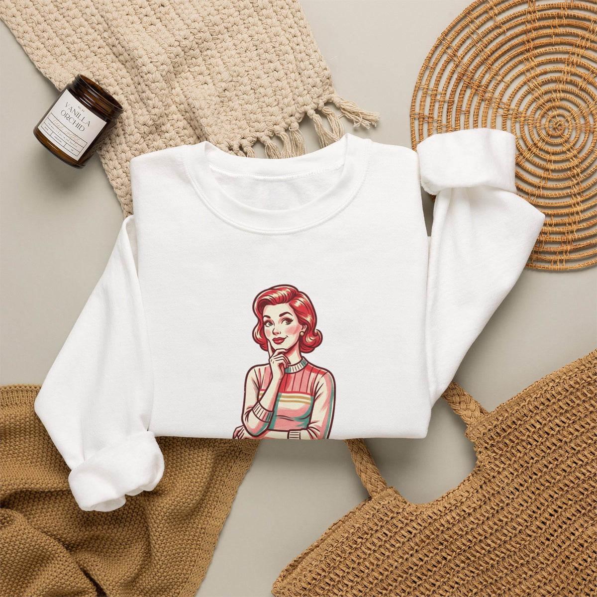 Crewneck Sweatshirt — Retro Housewife "fun-filled lollipop triple dipped in psycho" Graphic