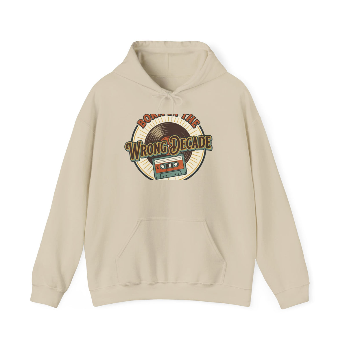 Hoodie — "Born in the Wrong Decade" Retro Cassette Vintage 70s-80s Graphic
