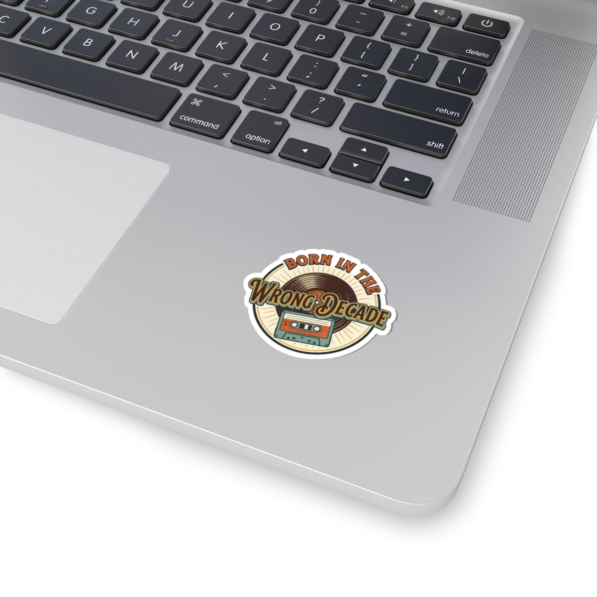 Born in the Wrong Decade Kiss-Cut Sticker — Retro Vinyl & Cassette Design