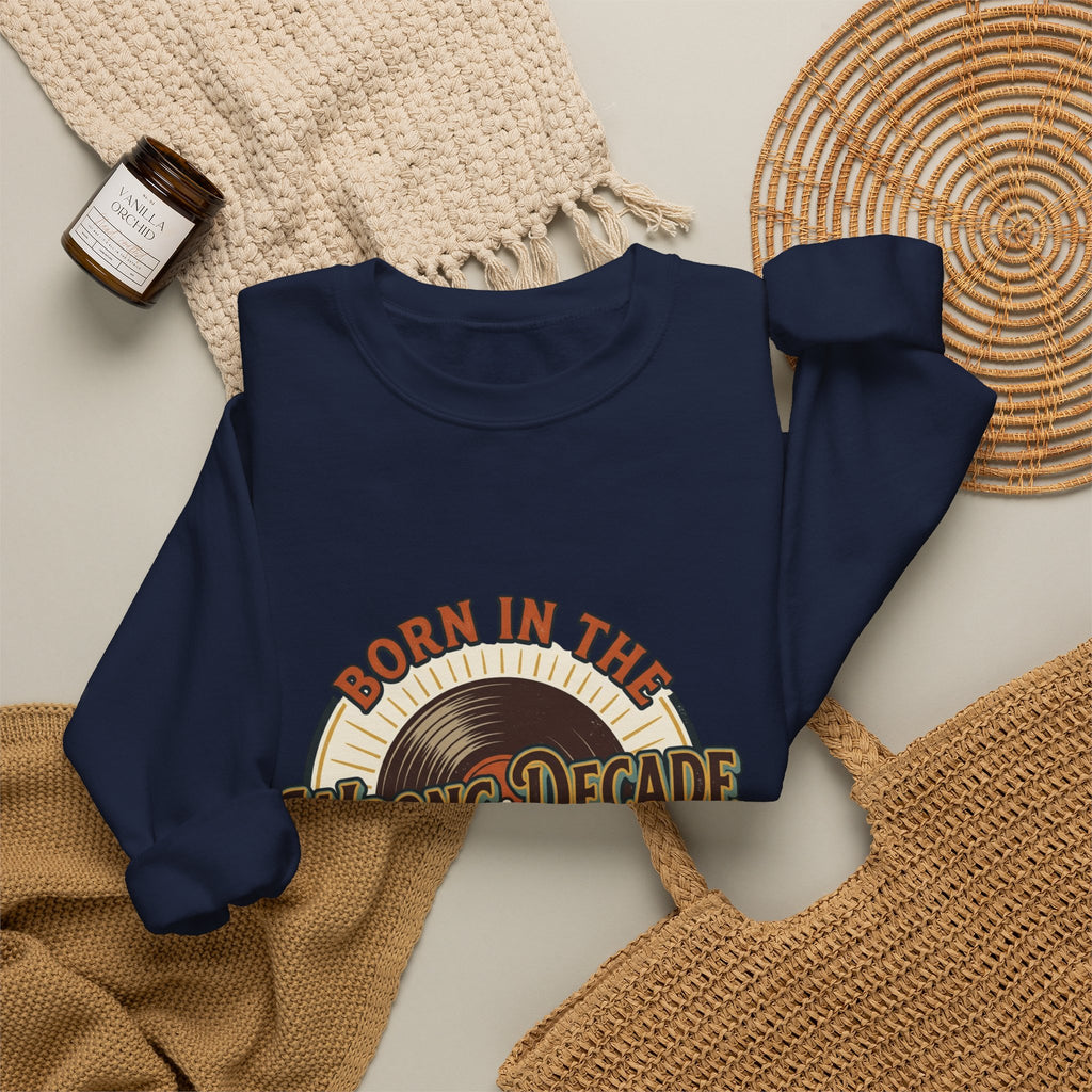 Crewneck Sweatshirt — "Born in the Wrong Decade" Retro Vinyl & Cassette Design