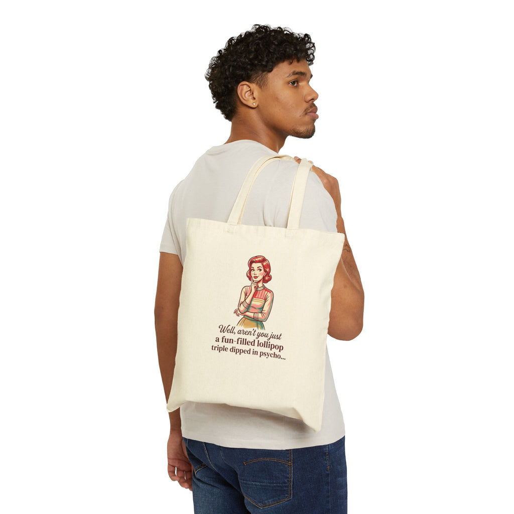 Vintage Pinup Tote Bag — "fun-filled lollipop triple dipped in psycho" Cotton Canvas Tote