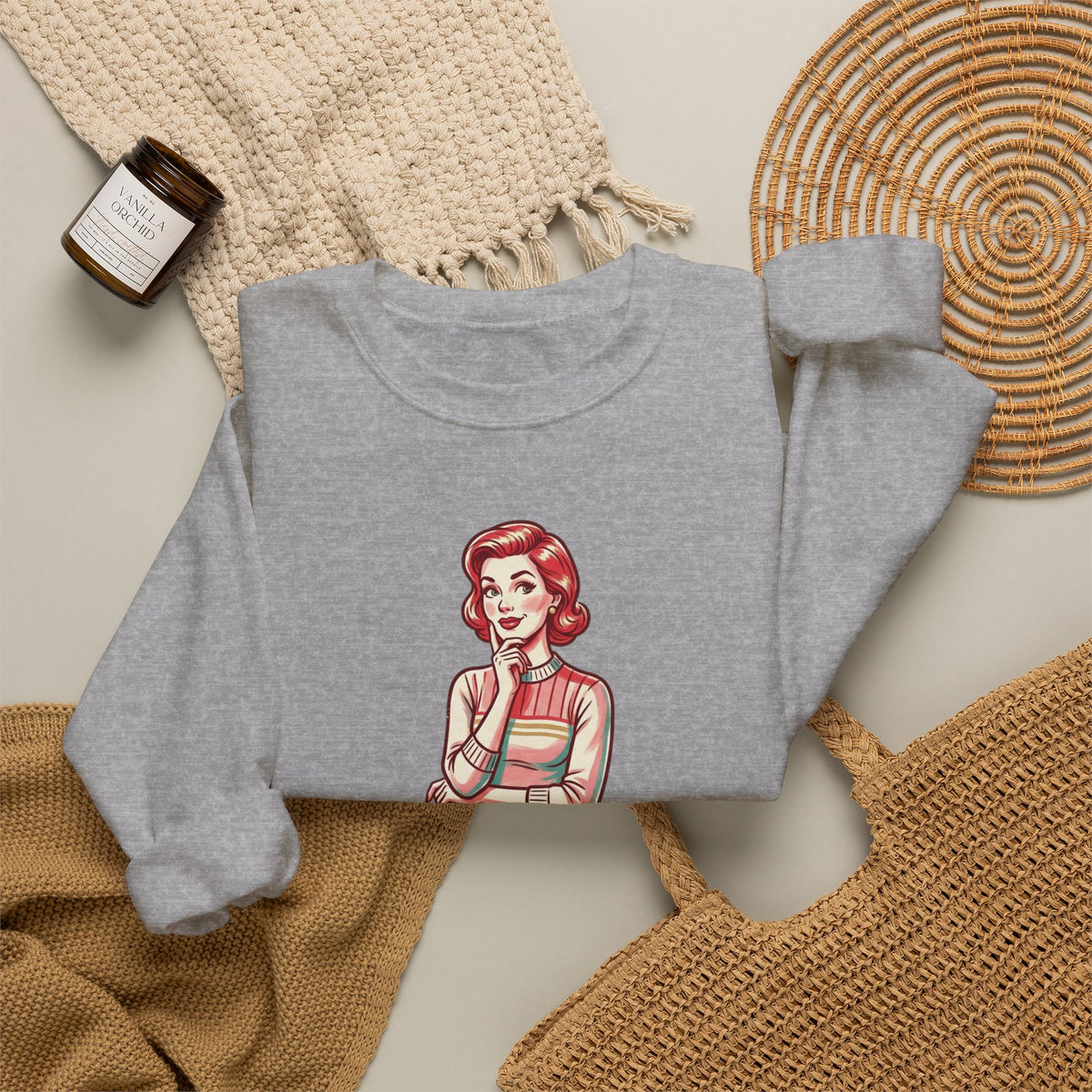 Crewneck Sweatshirt — Retro Housewife "fun-filled lollipop triple dipped in psycho" Graphic