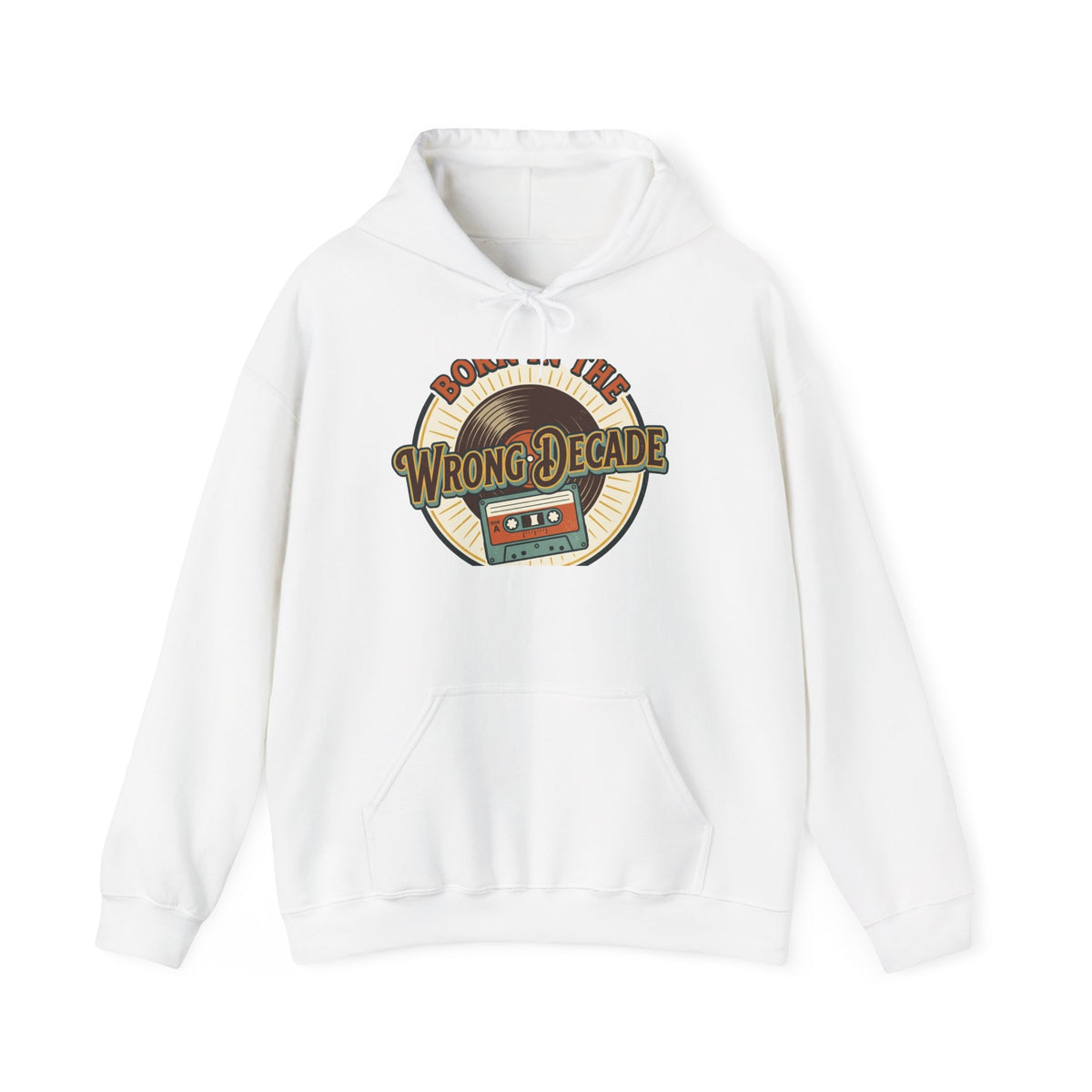 Hoodie — "Born in the Wrong Decade" Retro Cassette Vintage 70s-80s Graphic