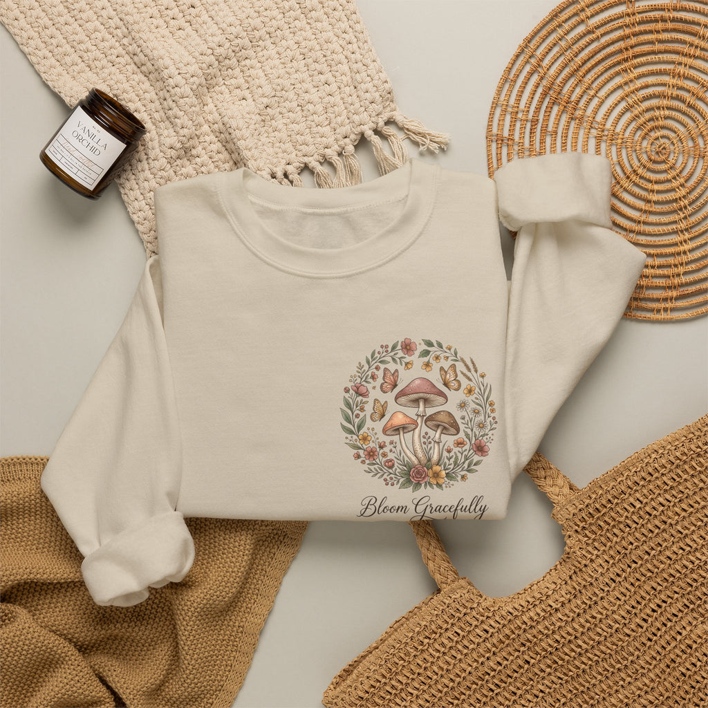 Mushroom Garden Crewneck Sweatshirt – Bloom Gracefully Botanical Graphic