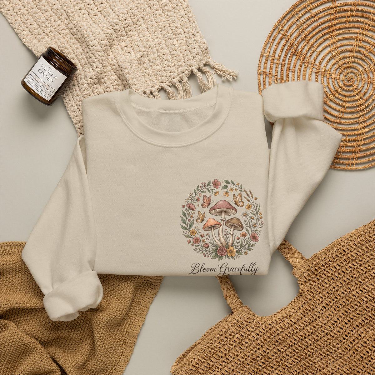 Mushroom Garden Crewneck Sweatshirt – Bloom Gracefully Botanical Graphic