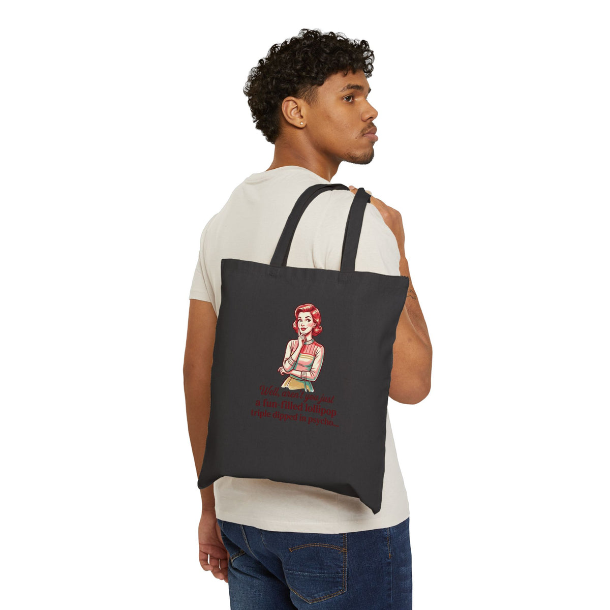 Vintage Pinup Tote Bag — "fun-filled lollipop triple dipped in psycho" Cotton Canvas Tote