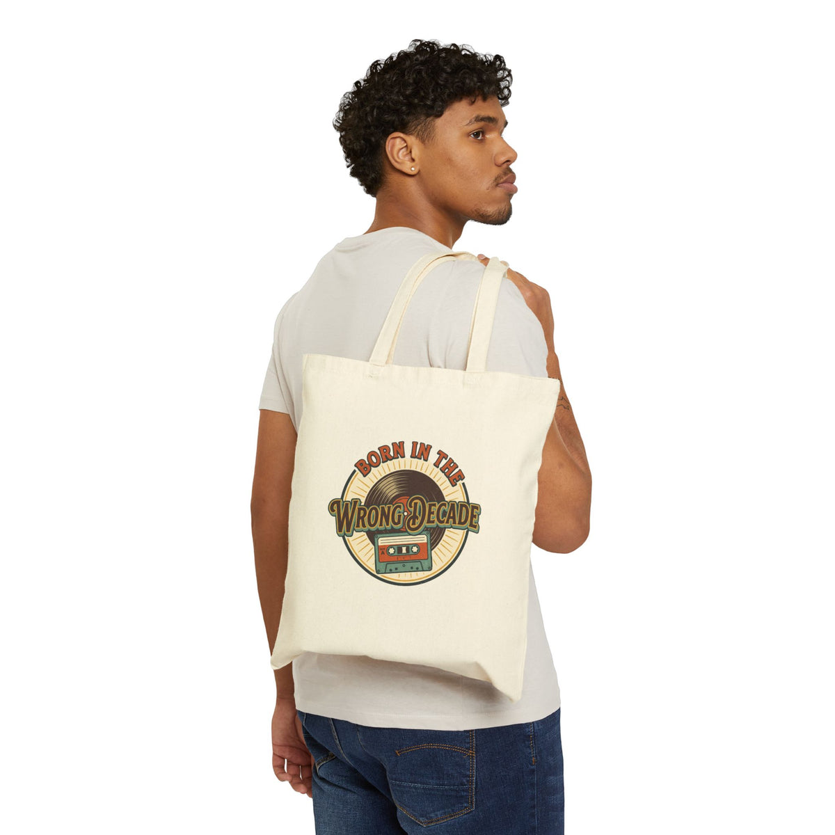 Cotton Tote Bag — "Born in the Wrong Decade" Retro Cassette Vintage Canvas Shopper