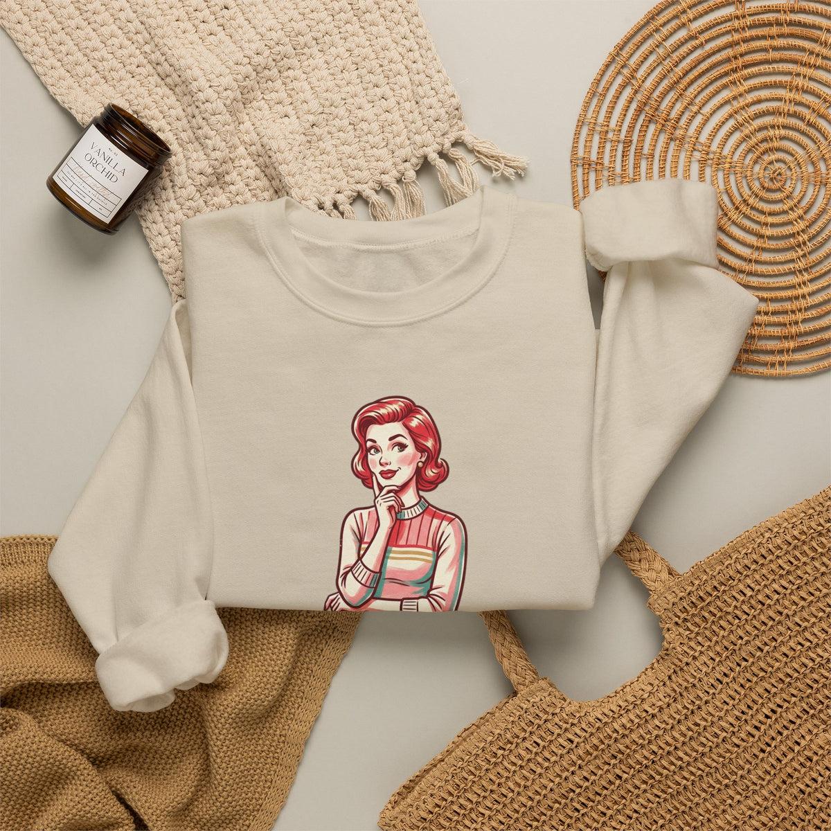Crewneck Sweatshirt — Retro Housewife "fun-filled lollipop triple dipped in psycho" Graphic