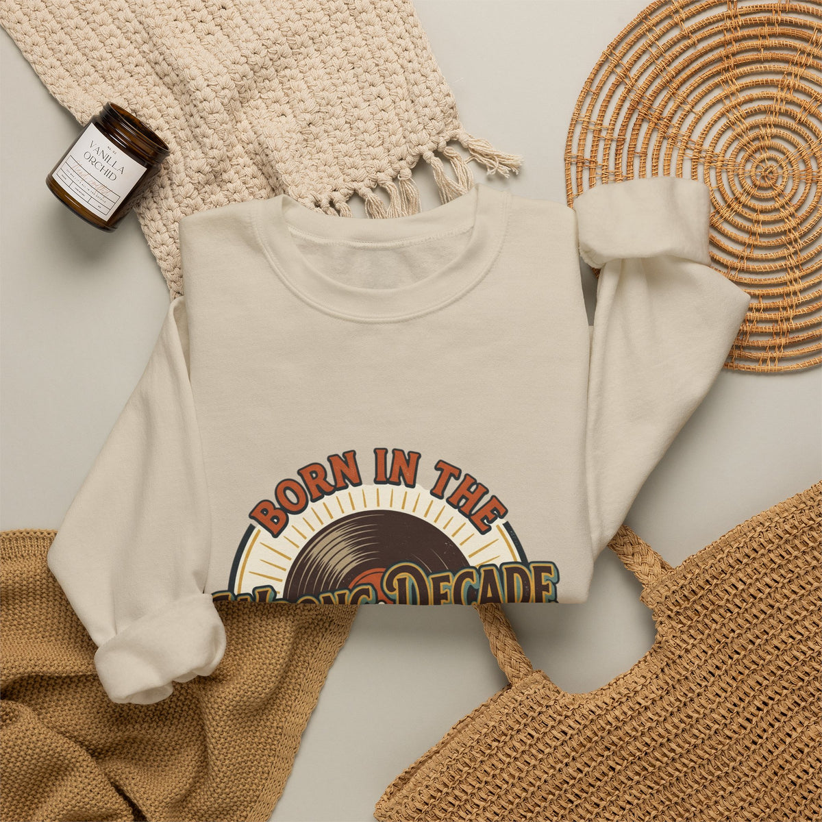 Crewneck Sweatshirt — "Born in the Wrong Decade" Retro Vinyl & Cassette Design