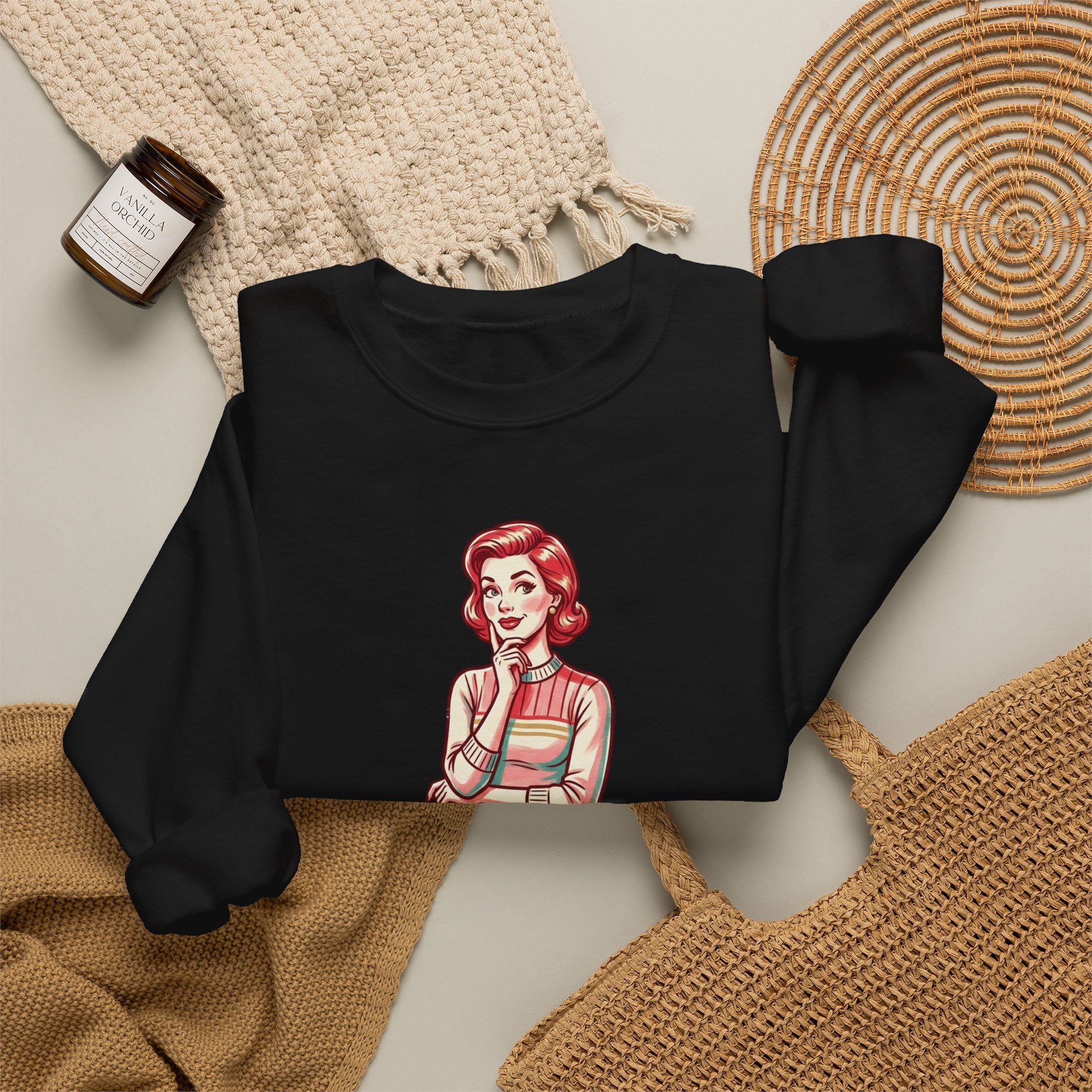Crewneck Sweatshirt — Retro Housewife "fun-filled lollipop triple dipped in psycho" Graphic