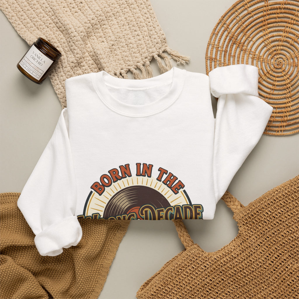 Crewneck Sweatshirt — "Born in the Wrong Decade" Retro Vinyl & Cassette Design