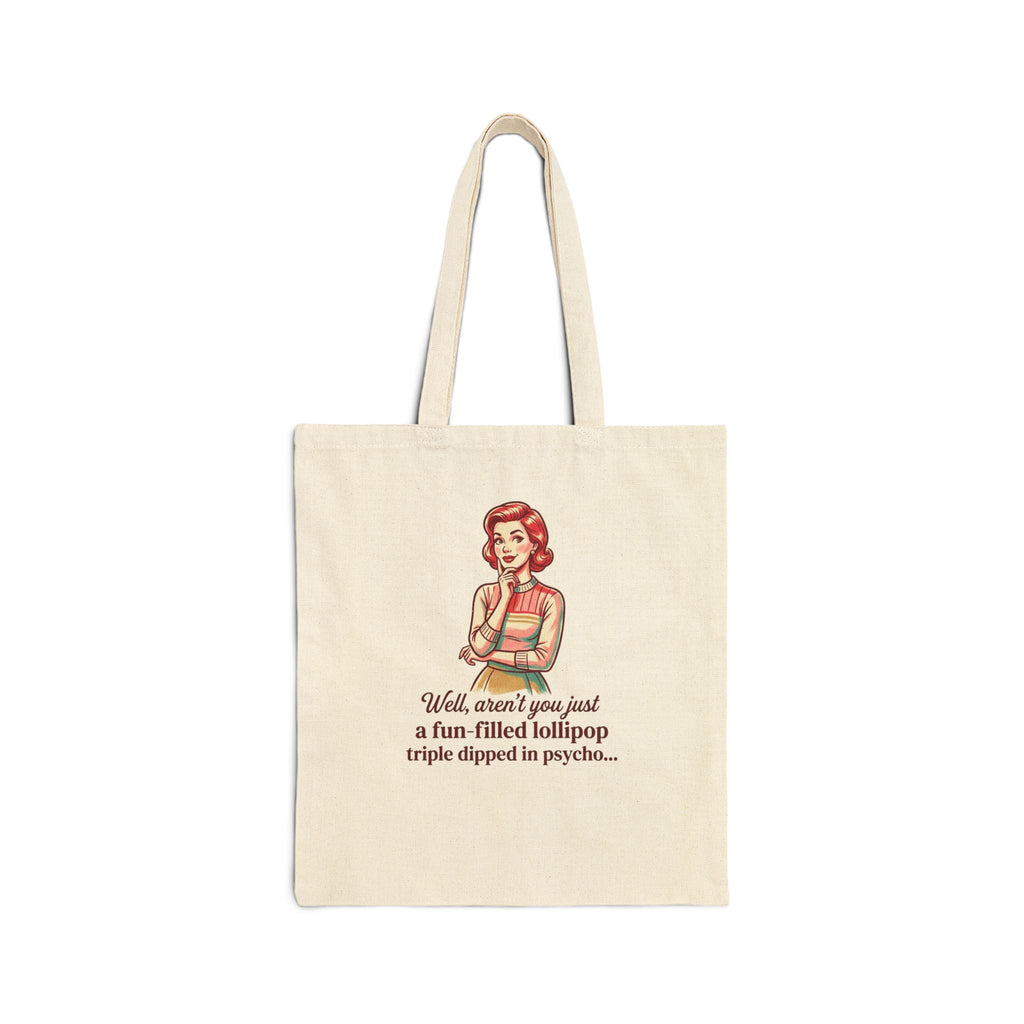 Vintage Pinup Tote Bag — "fun-filled lollipop triple dipped in psycho" Cotton Canvas Tote
