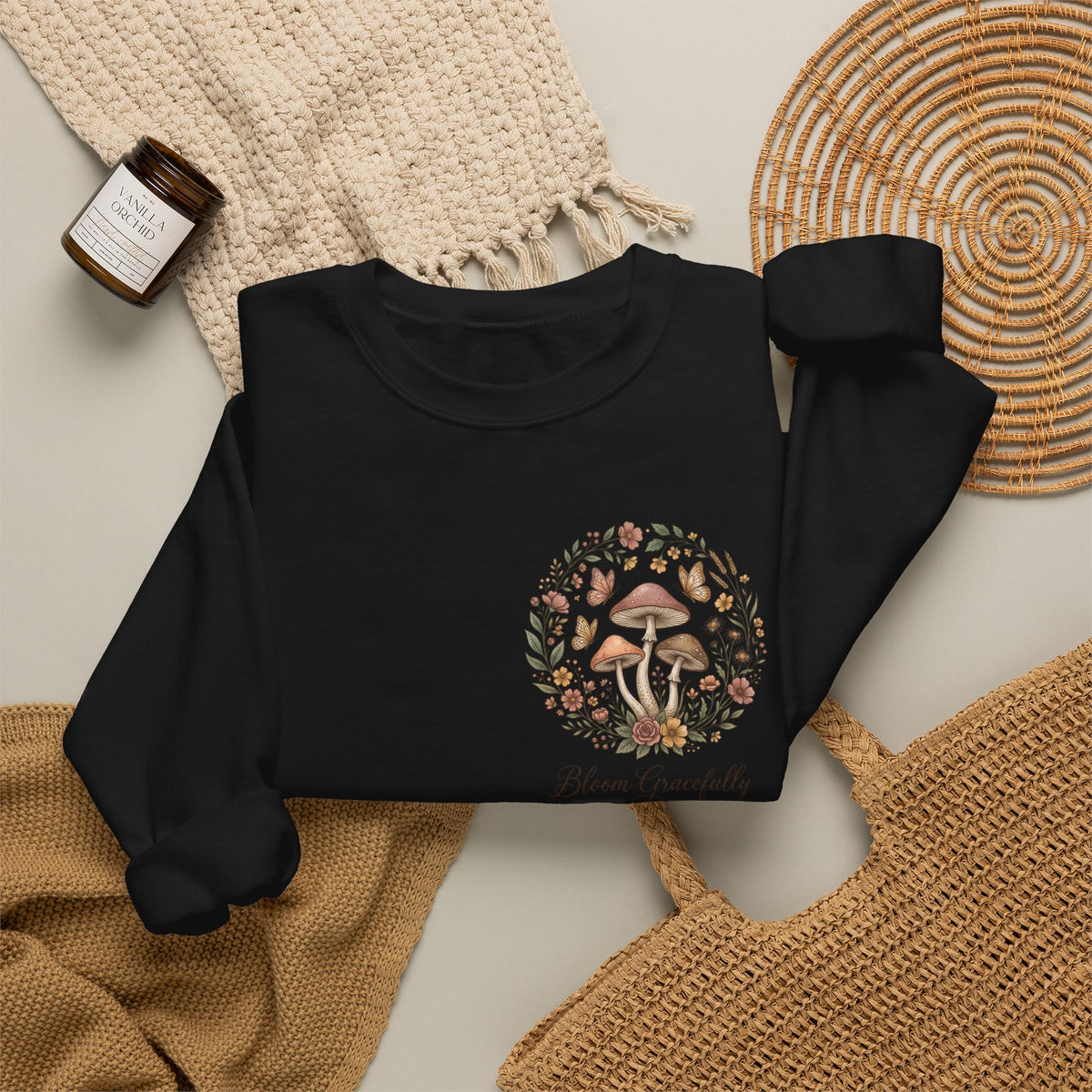 Mushroom Garden Crewneck Sweatshirt – Bloom Gracefully Botanical Graphic