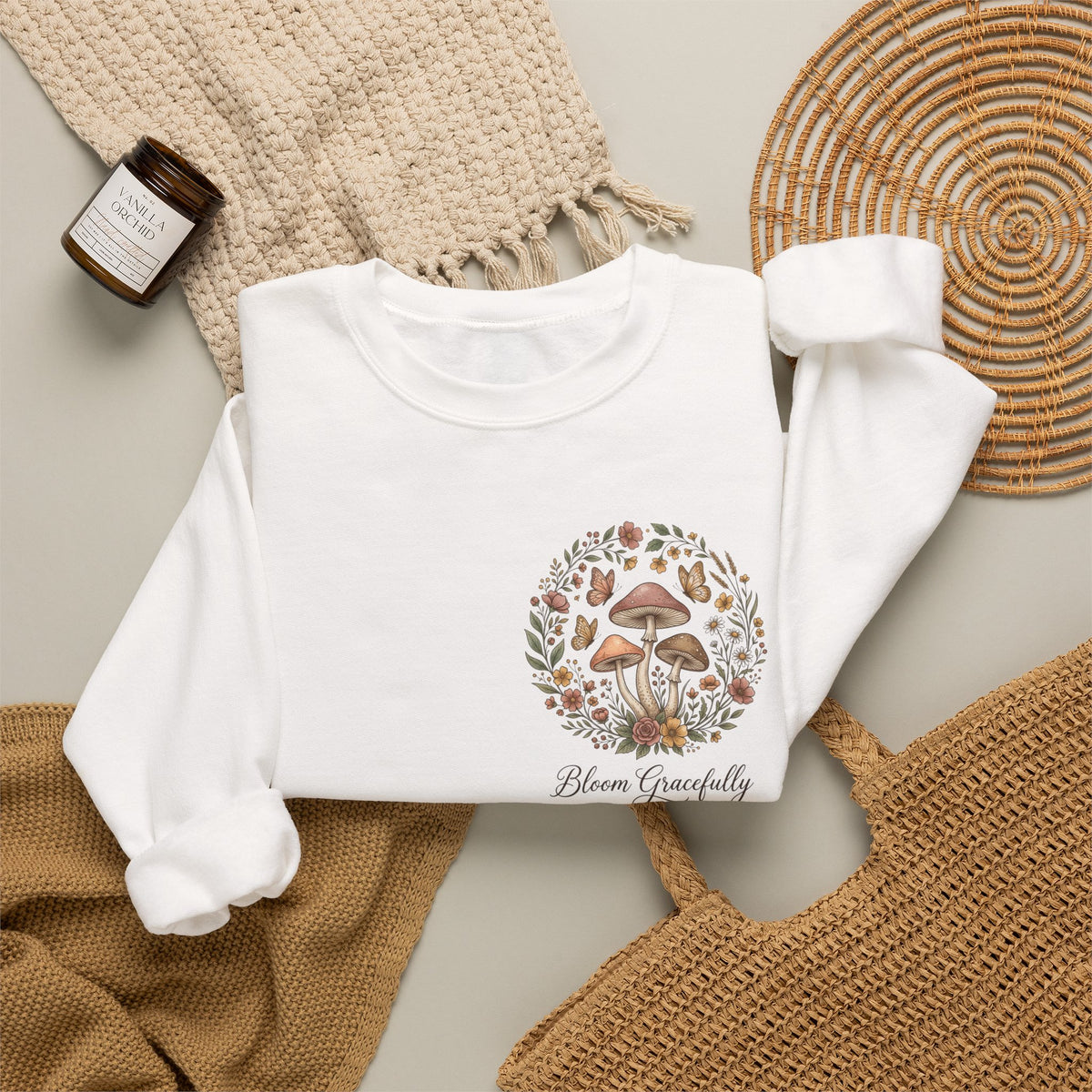 Mushroom Garden Crewneck Sweatshirt – Bloom Gracefully Botanical Graphic