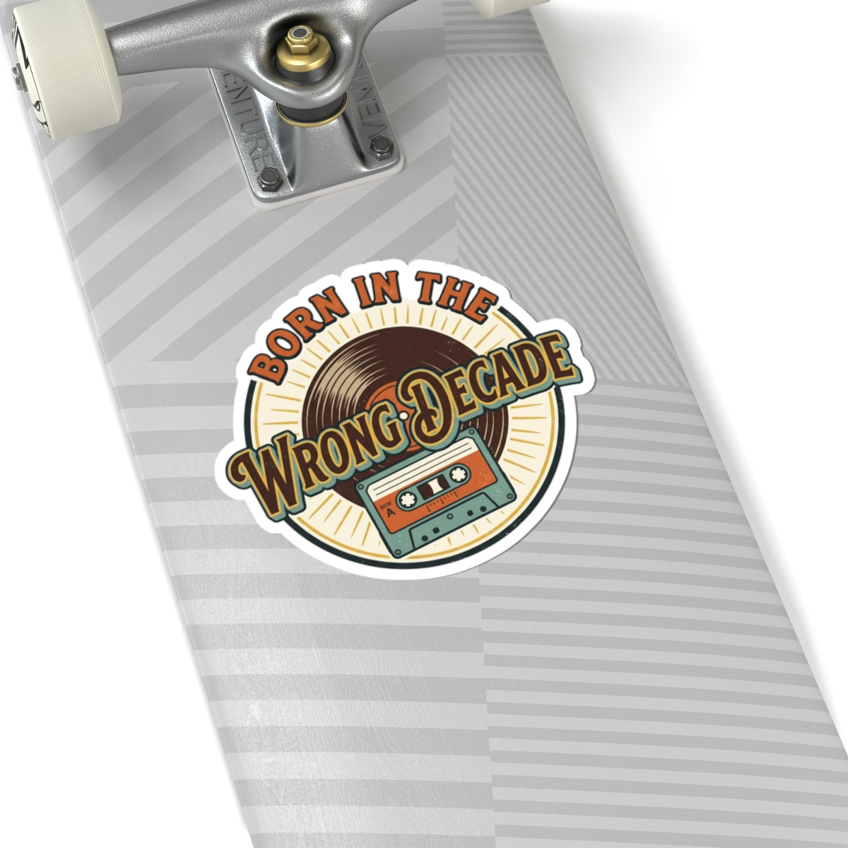Born in the Wrong Decade Kiss-Cut Sticker — Retro Vinyl & Cassette Design