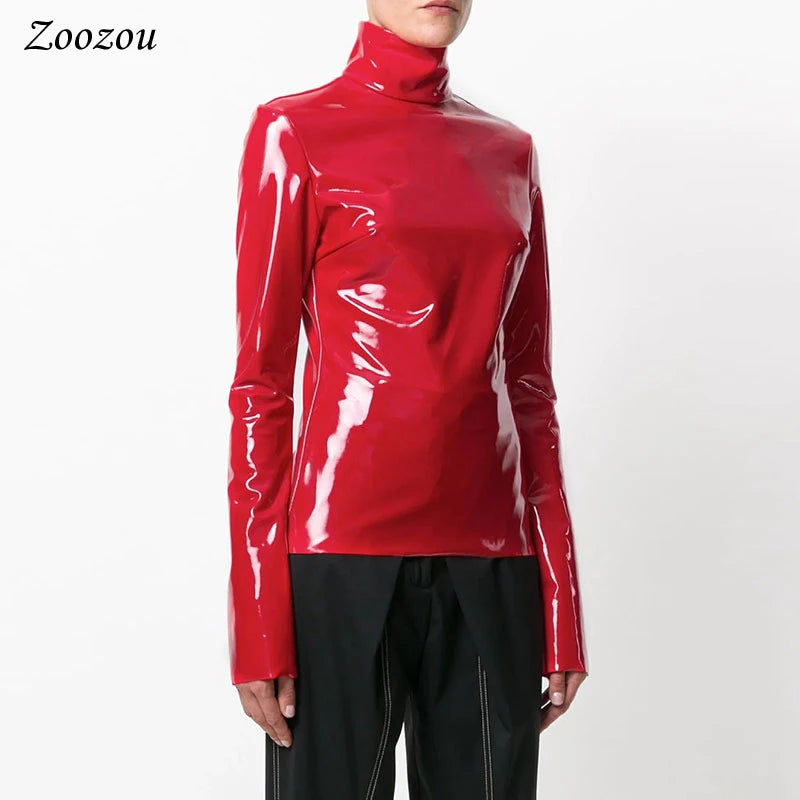 Women Faux Patent Leather Turtleneck Tops Long Sleeve Shirt Zipper PVC Pullover Black Red PU Leather Clothes Streetwear