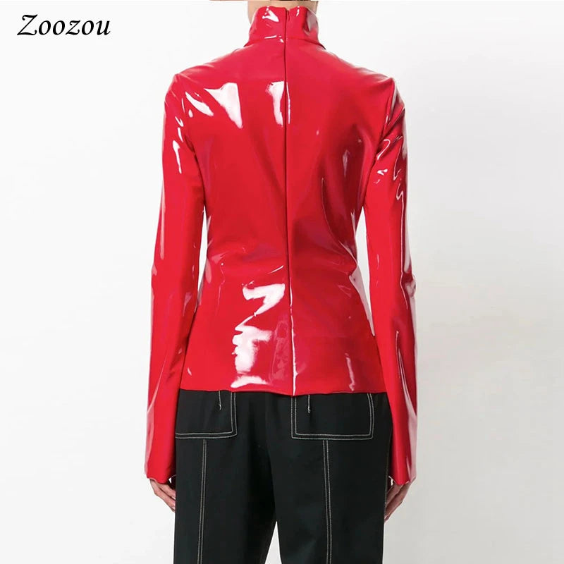 Women Faux Patent Leather Turtleneck Tops Long Sleeve Shirt Zipper PVC Pullover Black Red PU Leather Clothes Streetwear