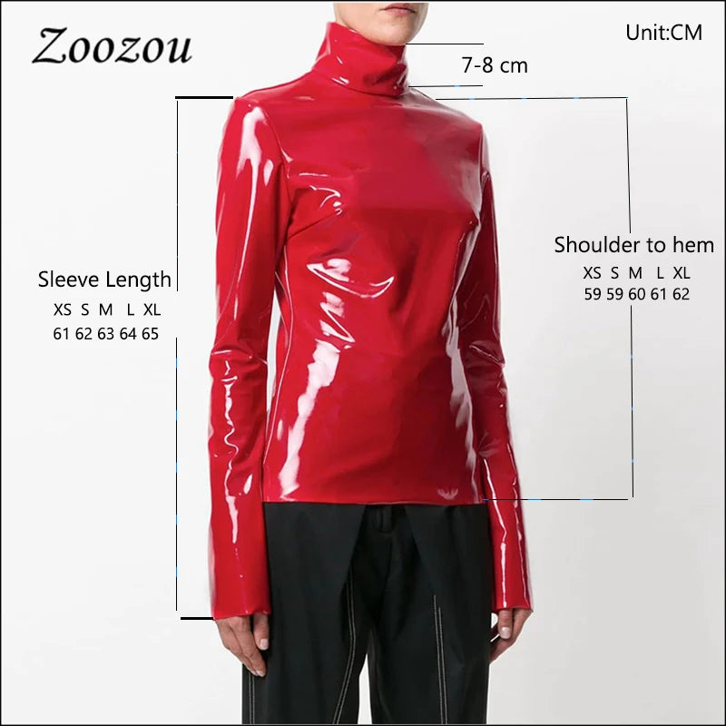 Women Faux Patent Leather Turtleneck Tops Long Sleeve Shirt Zipper PVC Pullover Black Red PU Leather Clothes Streetwear