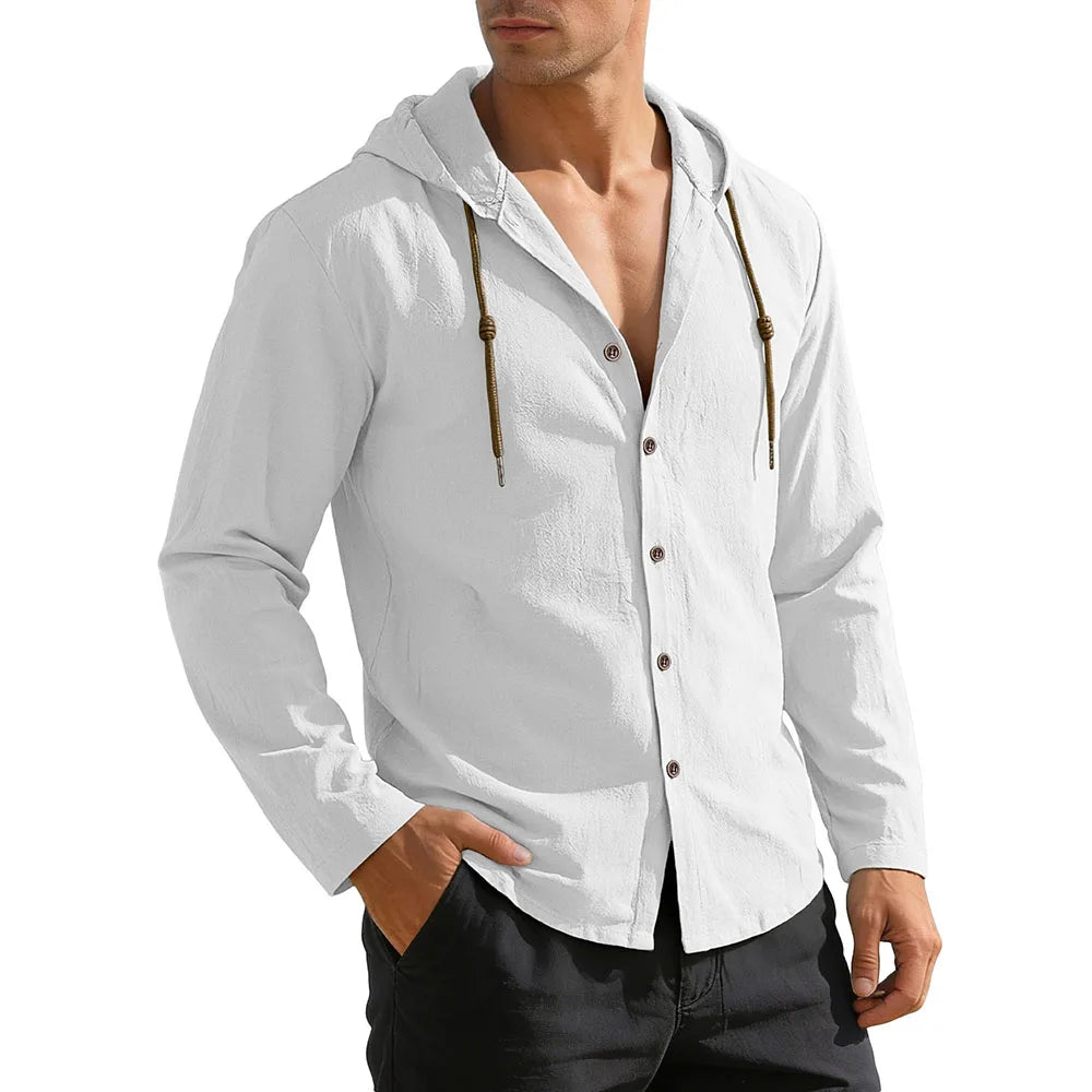 Men's Casual Shirt Long Sleeve Solid Color Cotton Linen Lightweight Breatahble Fashion Hooded Vacation Loose Fit Button Tops