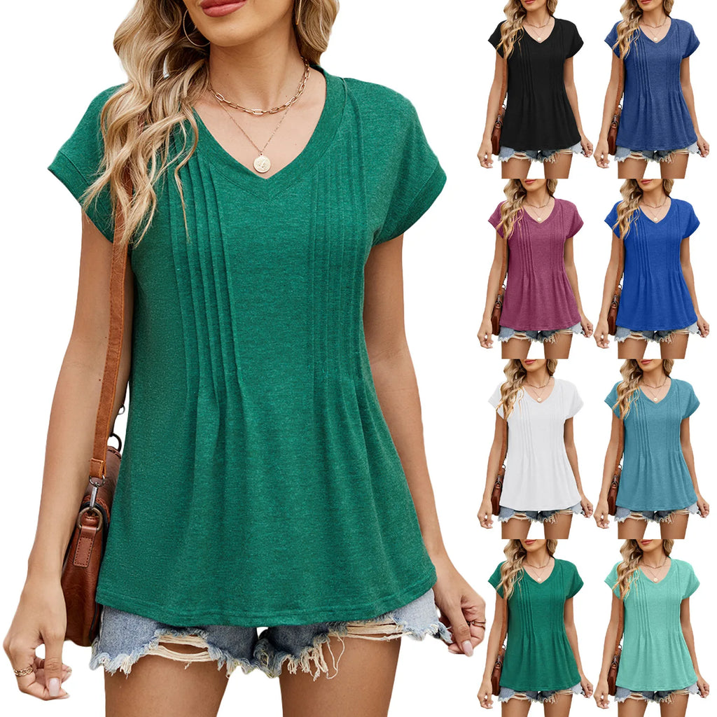 2025 Summer Casual Blouse Women Fashion Short Sleeve Shirts Women's V Neck Solid Color Pleated Tunic Blouse Loose Plus Size Tops