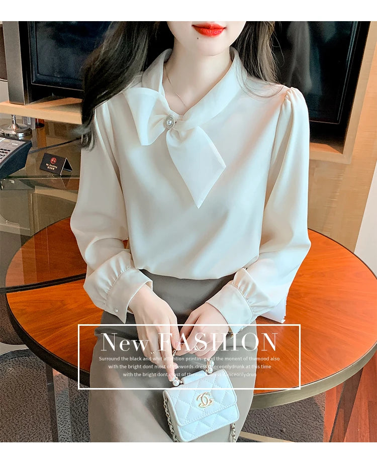2025 Fashion Long Sleeve O-Neck Women Blouse Solid Bow Chiffon Elegant Blouse Shirt Women Tops Blusas De Mujer Camisas N674