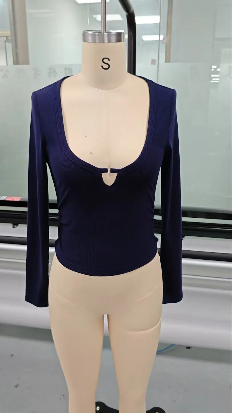 2025 Fall Winter New Fashion Women's Tops T-shirt V-neck Hollow Out Sexy and Fashionable Slim Fit Long Sleeved Y2k Clothing
