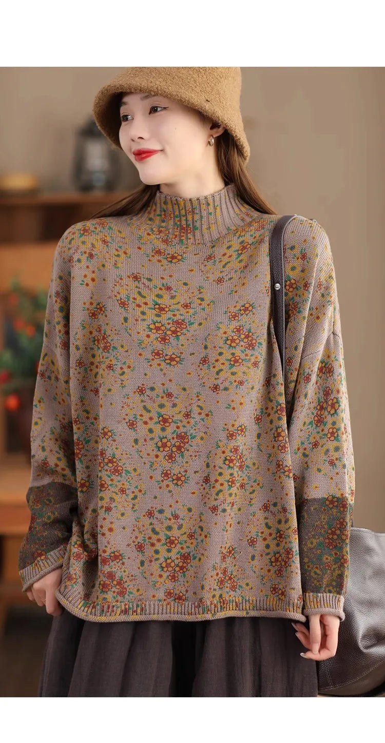 Winter Fall Fashion Vintage Floral Printed Half-turtle Neck Sweater for Women 2025 New Fashion Long Sleeve Loose Casual Knitwear