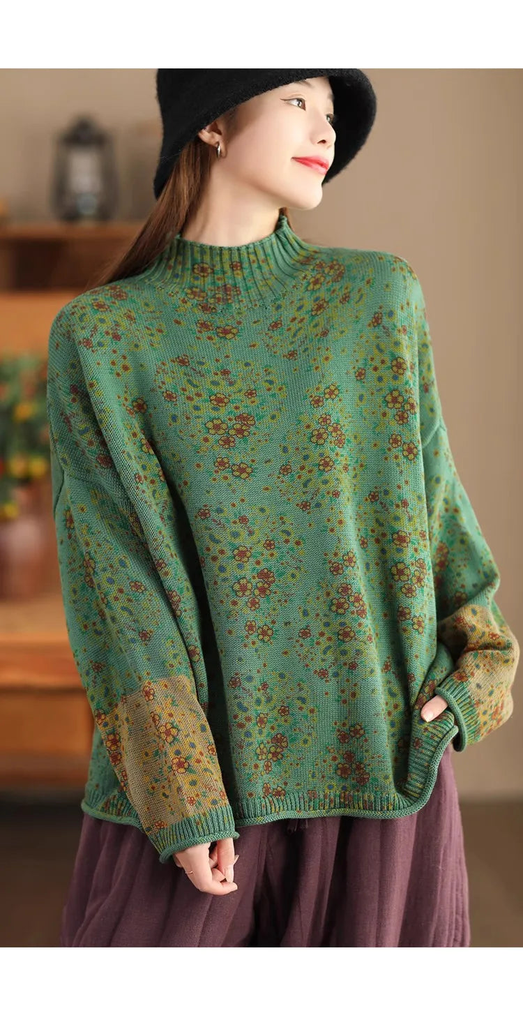 Winter Fall Fashion Vintage Floral Printed Half-turtle Neck Sweater for Women 2025 New Fashion Long Sleeve Loose Casual Knitwear