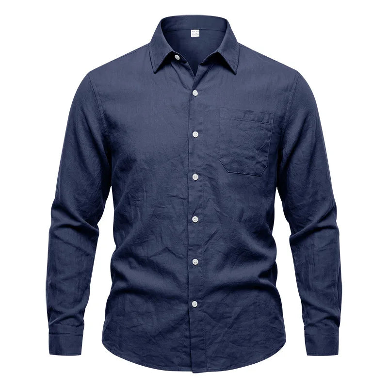Casual Men's Loose Linen Lapel Pocket Button Casual Vacation Solid Color Long Sleeve Shirt Men's