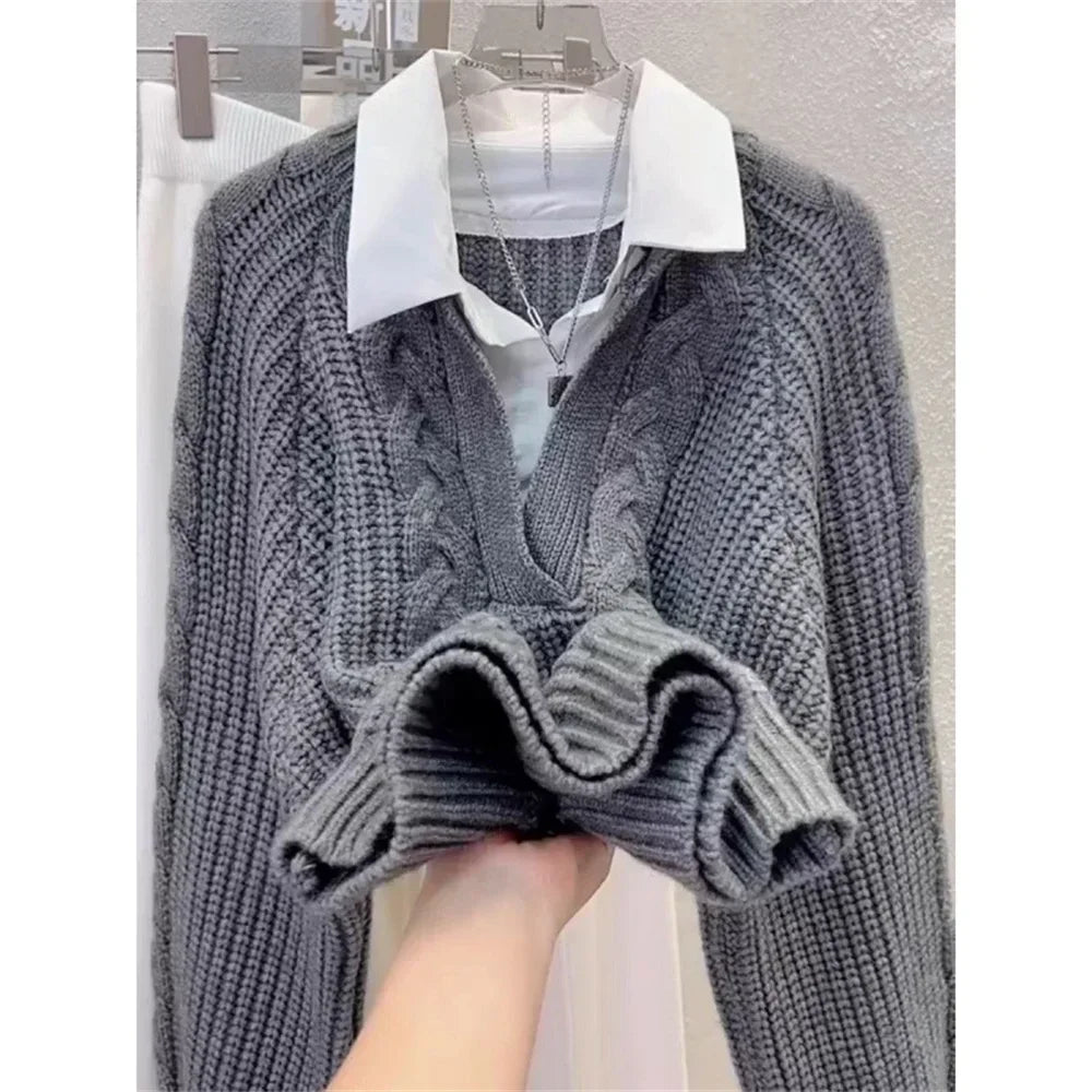 2025 Fashion New Casual Fall Winter Fake Two-piece Knitted Top for Women Autumn and Winter Long Sleeves Sweater for Women Tops