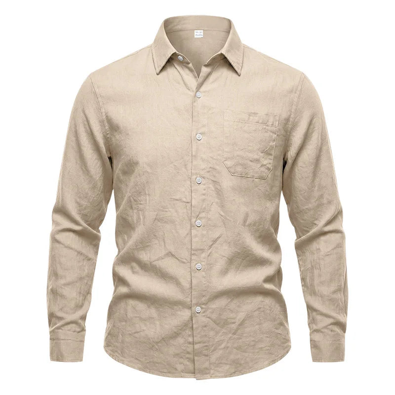 Casual Men's Loose Linen Lapel Pocket Button Casual Vacation Solid Color Long Sleeve Shirt Men's