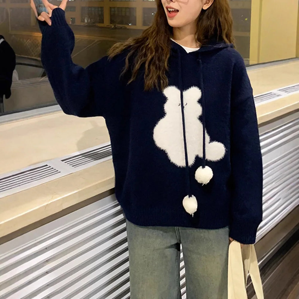 Cartoon Hooded Long Sleeve Sweater 2025 Autumn New Design Loose Top for Women