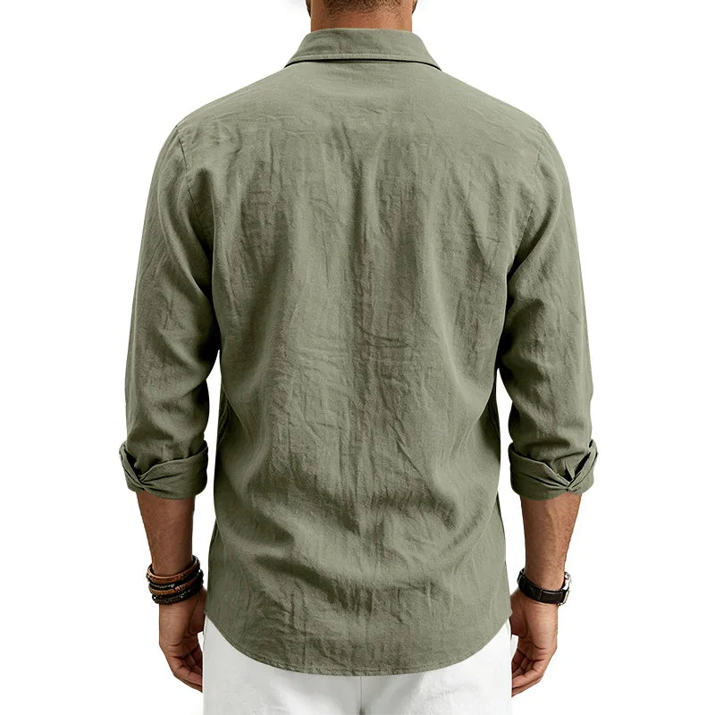 Casual Men's Loose Linen Lapel Pocket Button Casual Vacation Solid Color Long Sleeve Shirt Men's