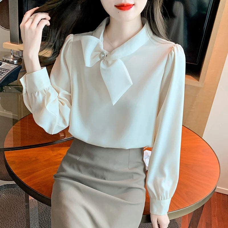 2025 Fashion Long Sleeve O-Neck Women Blouse Solid Bow Chiffon Elegant Blouse Shirt Women Tops Blusas De Mujer Camisas N674