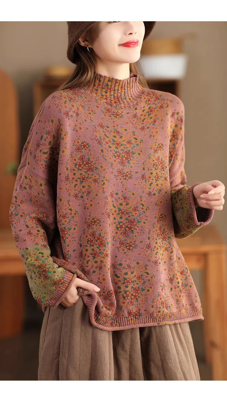 Winter Fall Fashion Vintage Floral Printed Half-turtle Neck Sweater for Women 2025 New Fashion Long Sleeve Loose Casual Knitwear