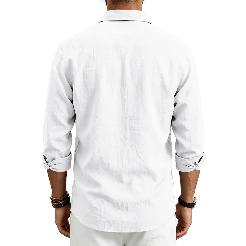 Casual Men's Loose Linen Lapel Pocket Button Casual Vacation Solid Color Long Sleeve Shirt Men's