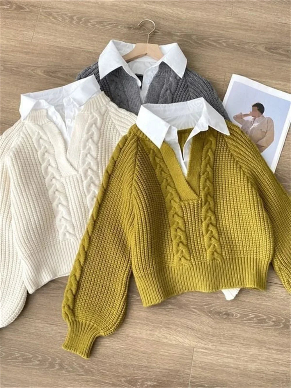 2025 Fashion New Casual Fall Winter Fake Two-piece Knitted Top for Women Autumn and Winter Long Sleeves Sweater for Women Tops