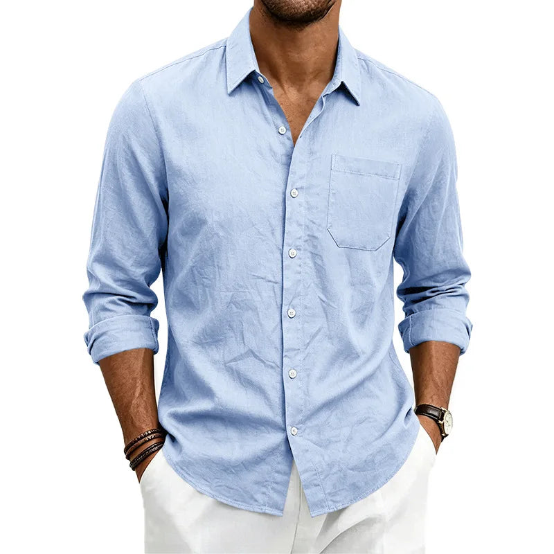 Casual Men's Loose Linen Lapel Pocket Button Casual Vacation Solid Color Long Sleeve Shirt Men's
