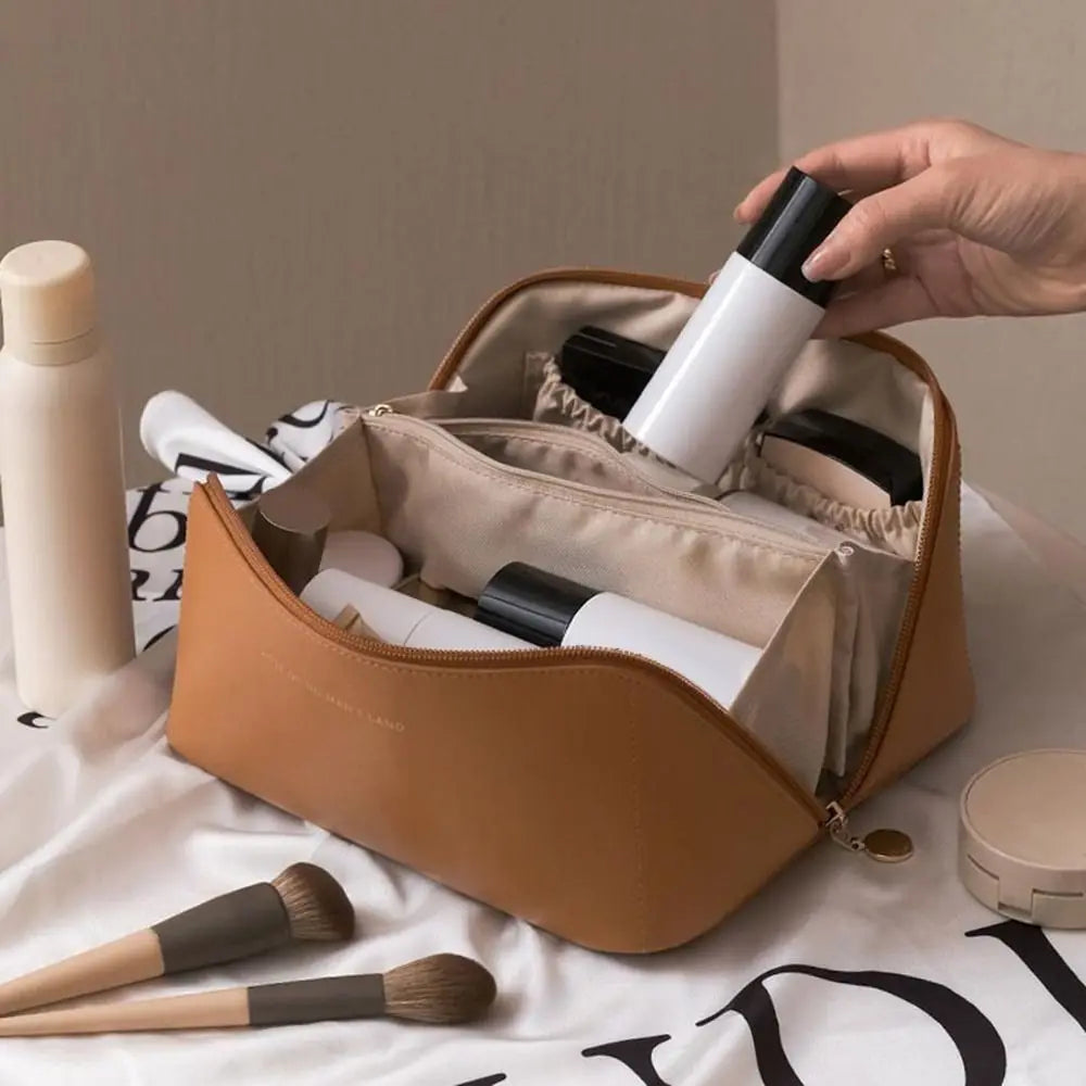 Portable Large Capacity Makeup Travel Cosmetic Bag Organizer with Brushes Slots Dividers Multifunction Storage Case