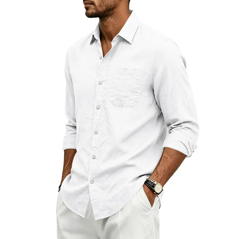 Casual Men's Loose Linen Lapel Pocket Button Casual Vacation Solid Color Long Sleeve Shirt Men's