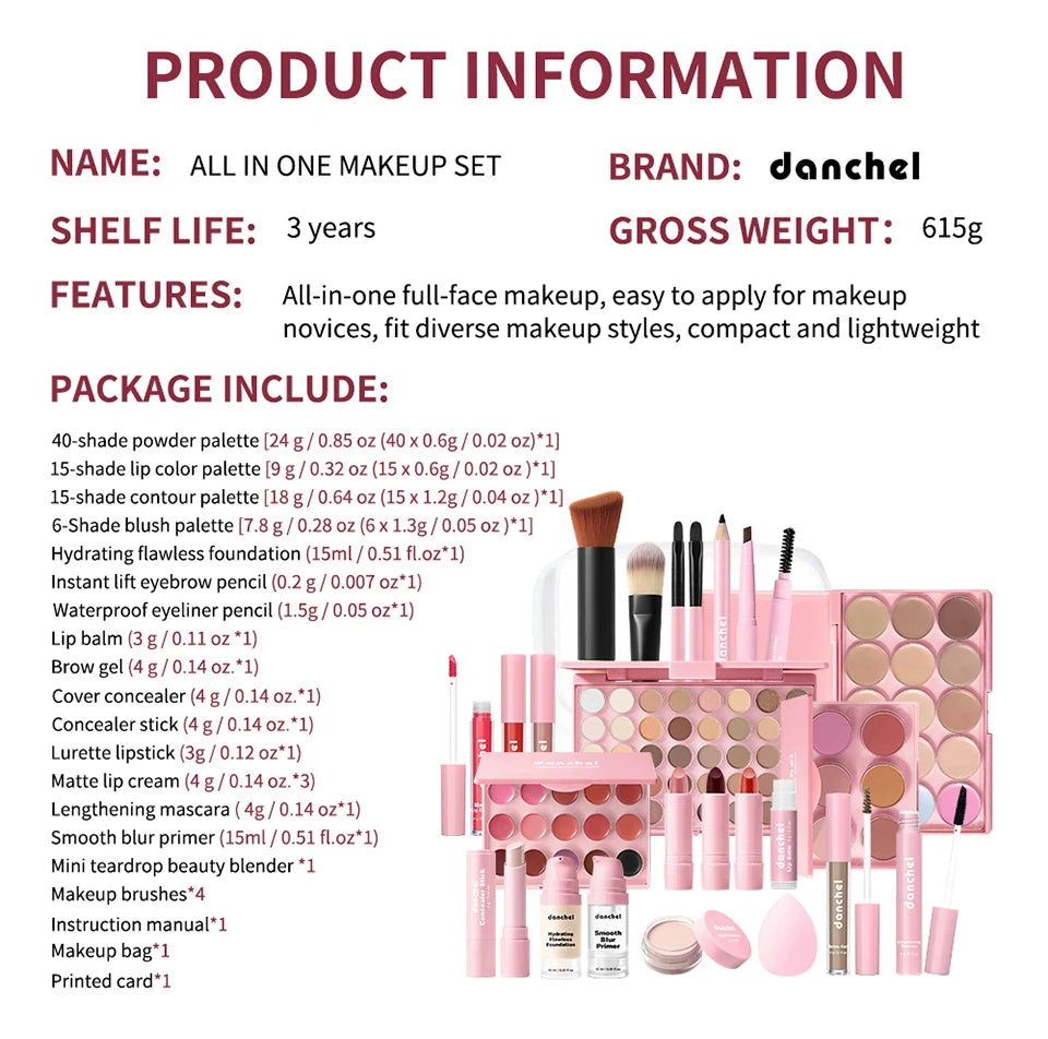 All in One Makeup Kit Full Makeup Kit Gift for Women Teen Girl Eyeshadow Blush Foundation Primer Brush Lipstick Lipgloss Cosmeti