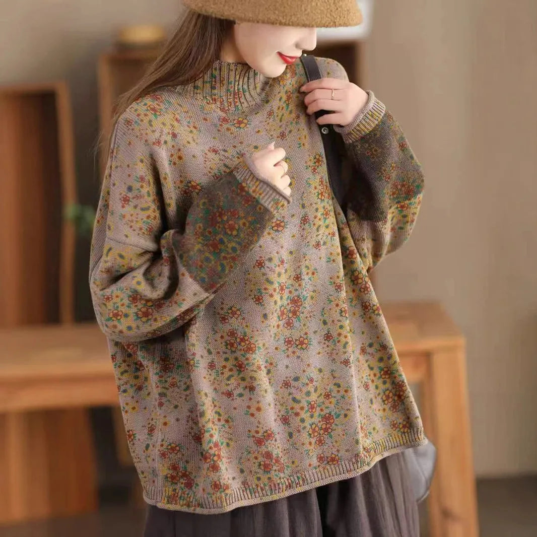 Winter Fall Fashion Vintage Floral Printed Half-turtle Neck Sweater for Women 2025 New Fashion Long Sleeve Loose Casual Knitwear