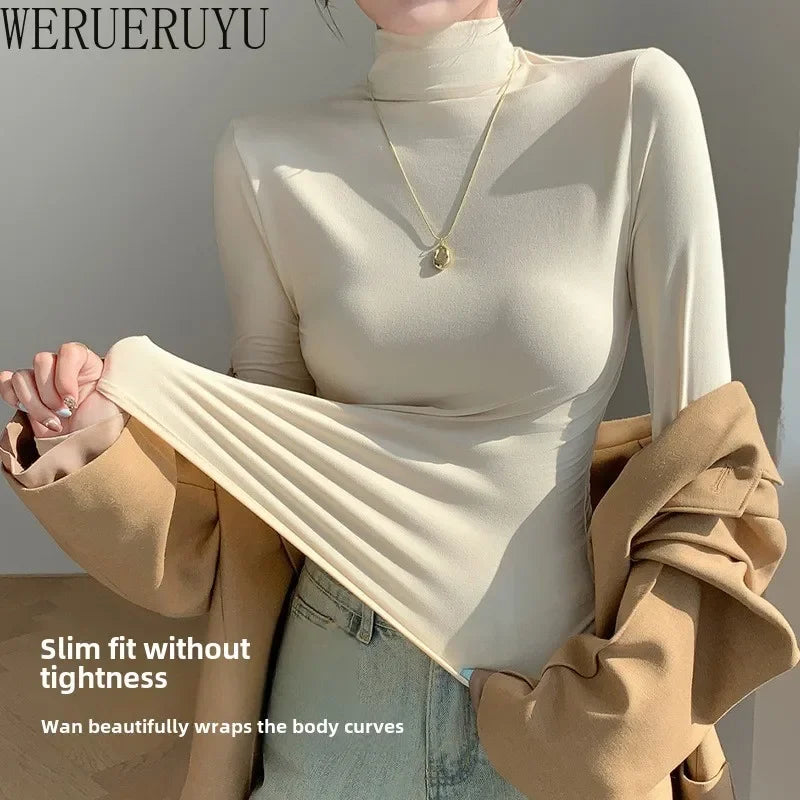 Turtleneck Elastic T-shirts for Women Y2k Clothes Long Sleeve White Tops Autumn Winter Casual Solid Color Slim Women T-shirt New