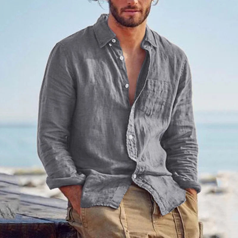 Men's Cotton Poly Linen Long Sleeve Shirt Summer Breathable Button Down Casual Loose Shirt With Chest Pocket Beach Vacation Tops