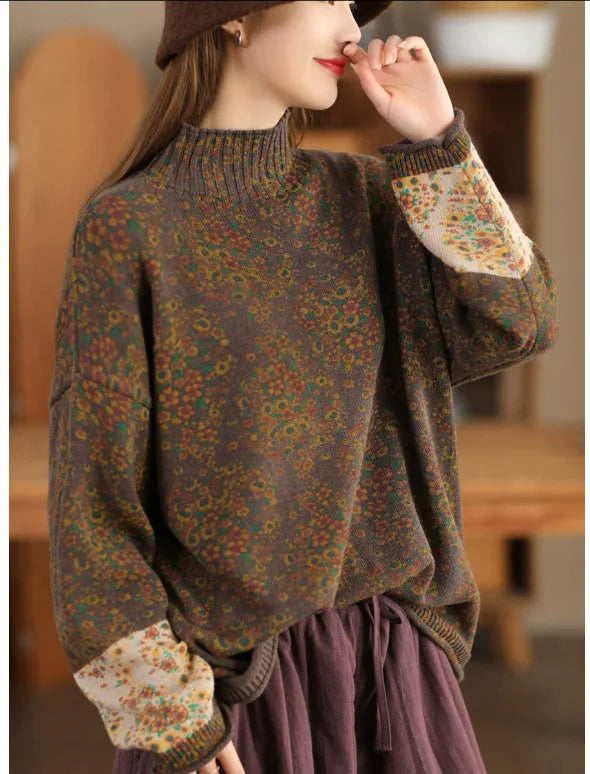 Winter Fall Fashion Vintage Floral Printed Half-turtle Neck Sweater for Women 2025 New Fashion Long Sleeve Loose Casual Knitwear