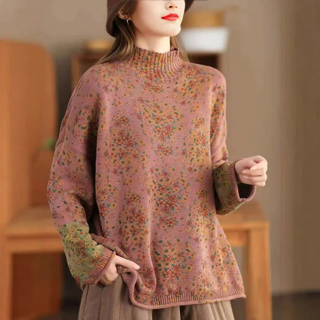 Winter Fall Fashion Vintage Floral Printed Half-turtle Neck Sweater for Women 2025 New Fashion Long Sleeve Loose Casual Knitwear