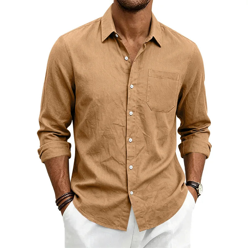Casual Men's Loose Linen Lapel Pocket Button Casual Vacation Solid Color Long Sleeve Shirt Men's